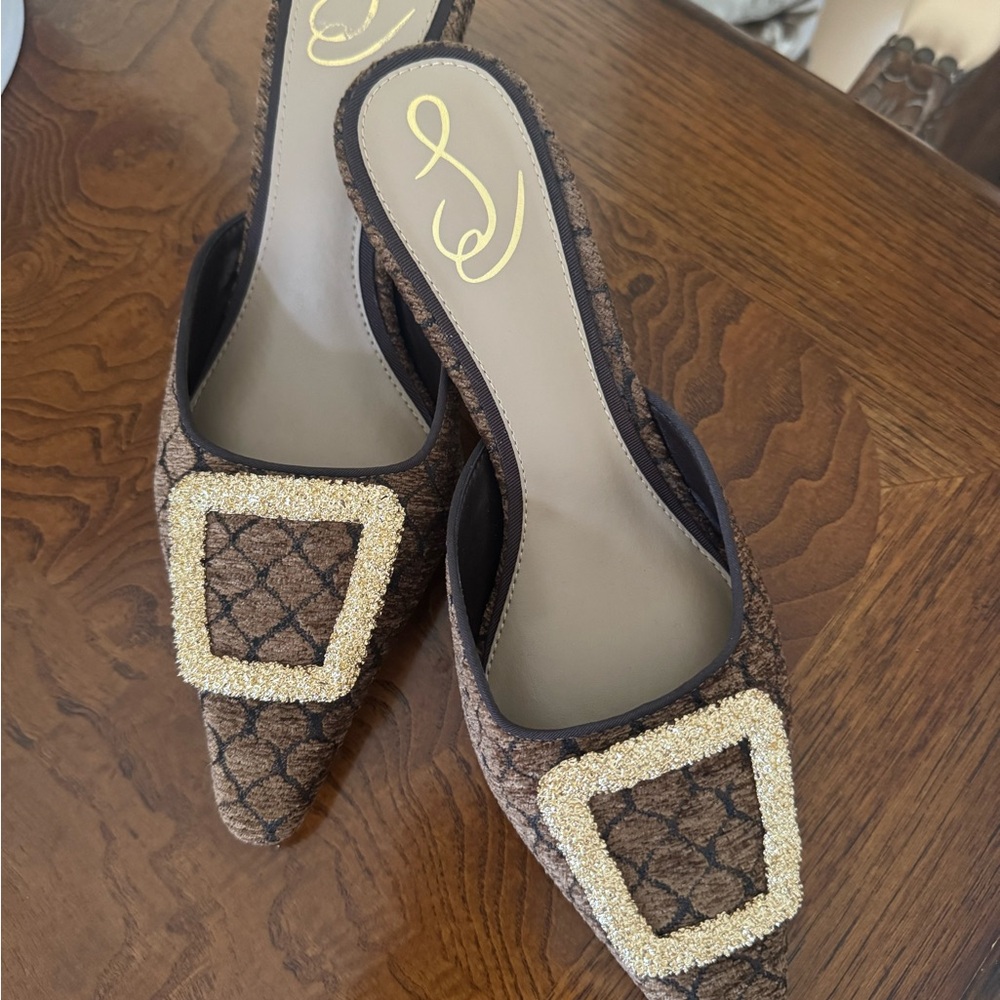 Sam Edelman Brown Mules with Gold Buckle